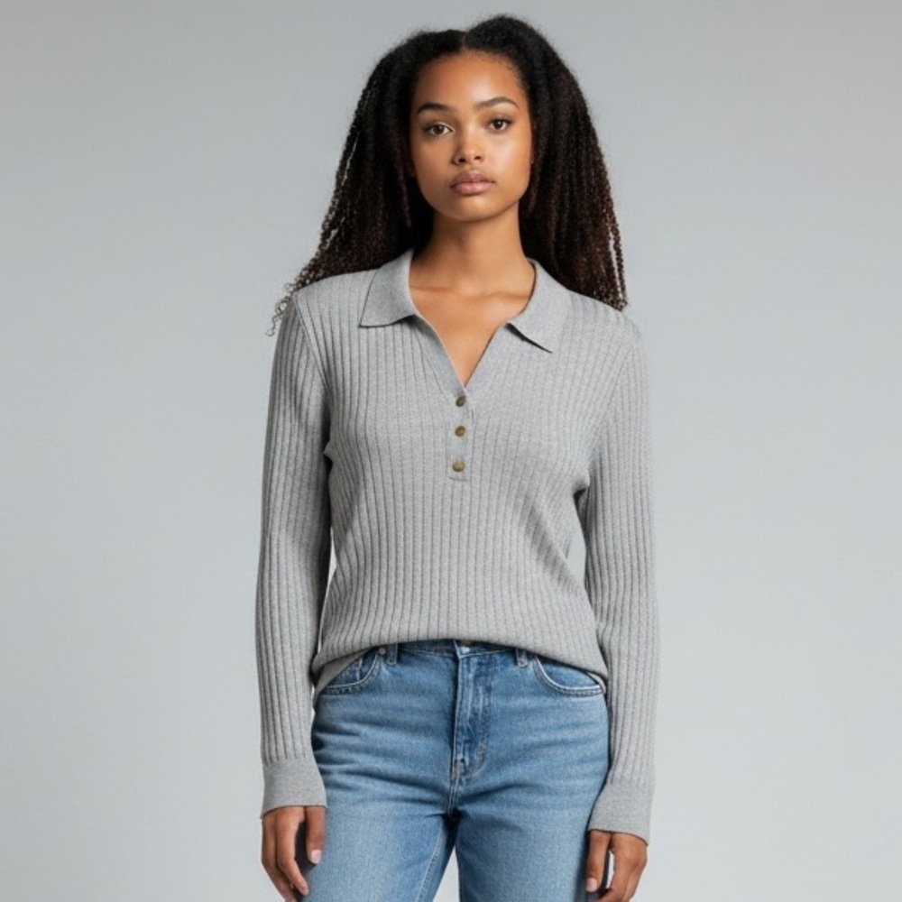 INC Gray Ribbed Knit Collared Henley Long Sleeve Casual Chic Top Size L